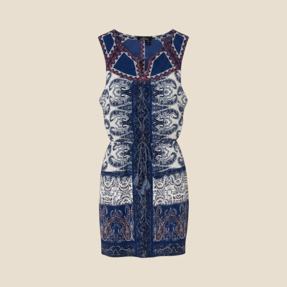 Lucky Brand Womens Navy Blue Paisley Boho Sleeveless Lace Up Tassel Top Medium